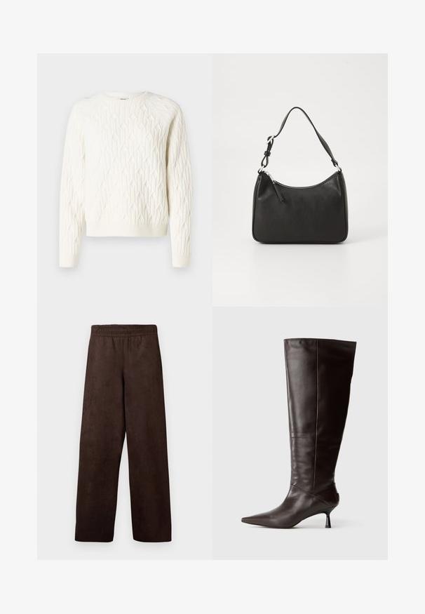 Pulover alb tricotat cu un model texturat în formă de diamant, guler rotund și manșete și tiv ribbate. Material moale cu un aspect confortabil.; Pantaloni largi, de culoare brown, dintr-un material moale, asemănător cu piela supla, cu talie elastică și fără buzunare. Design simplu, textură netedă.; Cizme din piele maro, până la genunchi, cu vârf ascuțit și toc subțire. Textură netedă și design elegant, având o siluetă minimală.; Geantă de mână din piele neagră, cu o formă curbată, curea unică, închidere cu fermoar și un branding subtil pe față. Textură fină, design minimalist.