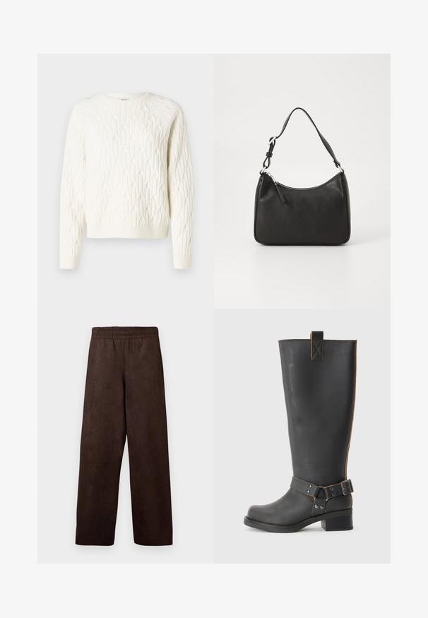 Witte gebreide trui met een gestructureerd diamantpatroon, ronde halslijn en geribbelde mouwen en zoom. Zacht materiaal met een gezellige uitstraling.; Bruine, wijde broek van zacht, suède-achtig materiaal met een elastische tailleband en zonder zakken. Eenvoudig ontwerp, gladde textuur.; Zwarte leren knie- hoog laars met een gestructureerde afwerking, voorzien van een zijgesp accent en een lage hak. Gedetailleerde stiksels langs de naden.; Zwarte leren handtas met een gebogen vorm, een enkele schouderband, ritsluiting en subtiele branding aan de voorkant. Glad textuur, minimalistisch ontwerp.