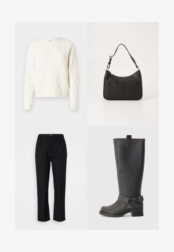 Weißer Strickpullover mit einem strukturierten Rautenmuster, rundem Ausschnitt und gerippten Bündchen und Saum. Weicher Stoff mit einem gemütlichen Erscheinungsbild.; Schwarze Hose aus einem glatten Stoff mit geradem Bein, vorderen Falten und einem elastischen Bund für Komfort. Keine sichtbaren Beschläge.; Schwarze Leder-Stiefel bis zum Knie mit strukturiertem Finish, seitlichem Schnallenakzent und niedrigem Absatz. Detaillierte Steppnähte entlang der Nähte.; Schwarze Lederhandtasche mit geschwungener Form, einem einzigen Tragegurt, Reißverschlussverschluss und dezentem Branding auf der Vorderseite. Glatte Textur, minimalistisches Design.
