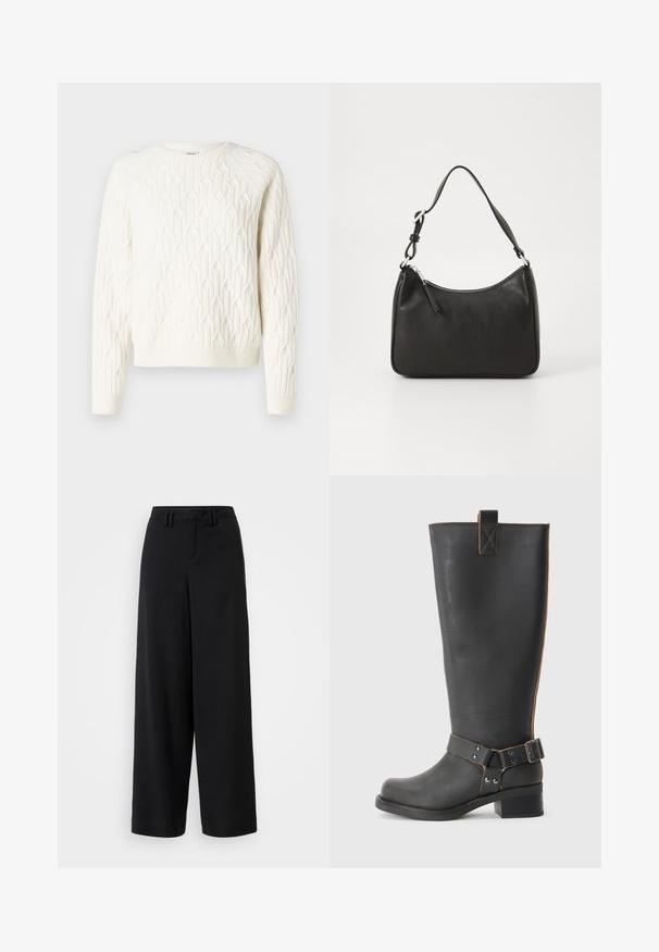 Sweater branco tricotado com um padrão de diamantes texturizado, decote redondo e punhos e bainha canelados. Tecido suave com uma aparência aconchegante.; Calças largas pretas feitas de tecido suave, apresentando um design de frente plana, detalhes pregueados e passadores de cinto na cintura.; Bota preta de couro até ao joelho com um acabamento texturizado, apresentando um detalhe de fivela lateral e um salto baixo. Costura detalhada ao longo das costuras.; Mala de mão em couro preto com formato curvo, uma alça, fecho em zip e uma marcação discreta na frente. Textura suave, design minimalista.