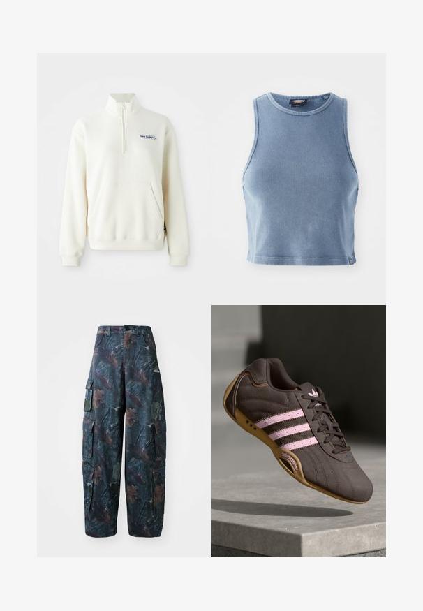 Cream-colored zip-neck sweatshirt with a front pocket, ribbed cuffs, and "new balance" logo in blue on the chest. Soft texture.; Light blue ribbed crop top with a round neckline and sleeveless design. Smooth texture and a small logo detail at the hem.; Camo cargo pants in dark green and brown, featuring multiple pockets and a loose fit, made from lightweight, durable fabric.; Brown suede athletic shoe with pink stripes and logo, featuring a textured upper, lace closure, and a gum rubber sole.