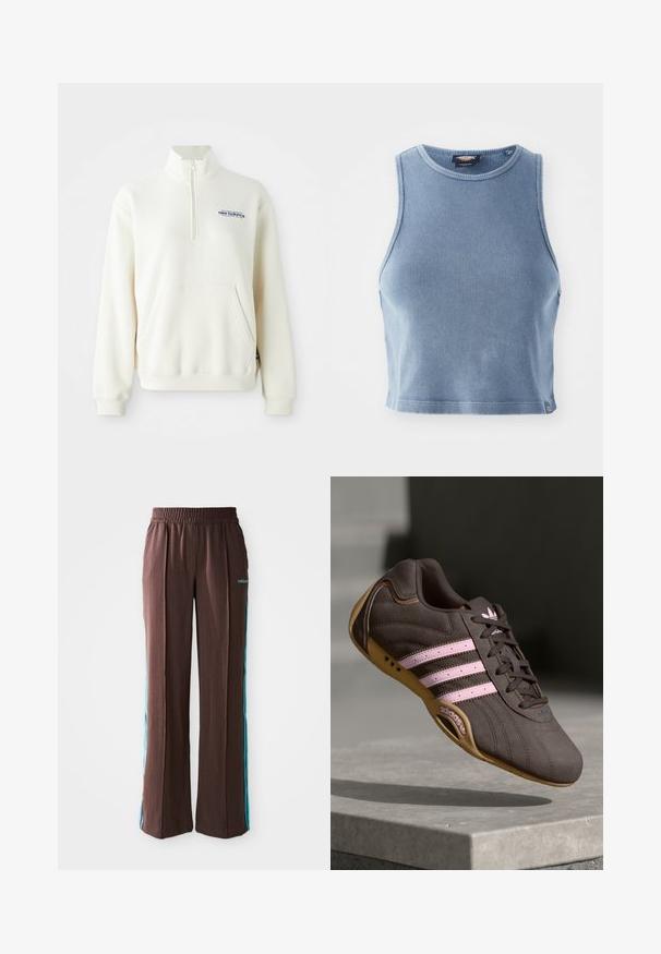 Sudadera de cremallera de color crema con un bolsillo frontal, puños acanalados y el logo de "new balance" en azul en el pecho. Textura suave.; Top corto acanalado de color azul claro con un escote redondo y diseño sin mangas. Textura suave y un pequeño detalle de logo en el dobladillo.; Pantalones deportivos marrones con textura acanalada, cinturilla elástica y rayas laterales turquesas. Presenta el logo de adidas en la parte frontal.; Zapatilla deportiva de ante marrón con rayas y logotipo en rosa, con parte superior texturizada, cierre de cordones y suela de goma.