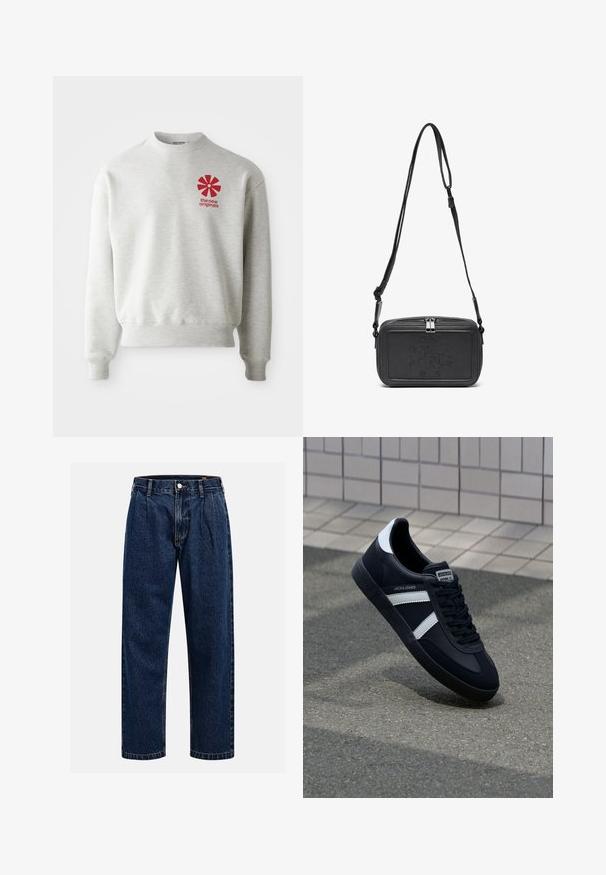 Gaiši pelēks sporta krekls ar ribotām piedurknēm un apakšmalu. Uz kreisā krūšu laukuma ir sarkanais grafiskais logotips. Izgatavots no mīksta auduma.; Tumši zilie džinsu bikses ar taisna kāju dizainu. Iezīmējas redzamas šuves, pogu aizdare un priekšējie gurni papildu detaļām.; Melnā ādas sporta apavi ar baltām svītrām, teksturēta gumijas zole un auklu aizdare. Iekļauj zīmola etiķeti uz mēles.; Melna ādas soma uz pleca ar zīmolu, slēdzamu rāvējslēdzēju un regulējamu siksnu. Gluda tekstūra un taisnstūru forma.