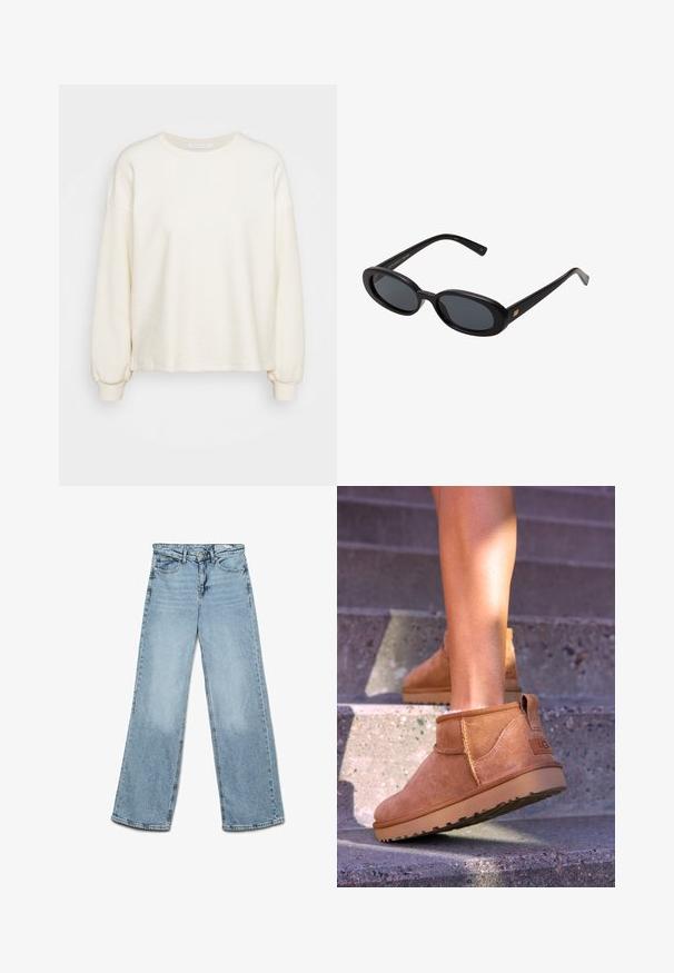 Krémová mikina vyrobená z textúrovanej tkaniny, s dlhými rukávmi, okrúhlym výstrihom a rebrovanými manžetami, s voľným strihom.; Svetlo modré široké nohavice z denimu, s klasickým dizajnom piatich vreciek a rovný strih s minimálnym vyblednutím na nohách.; Hnedé semišové členkové topánky so svetlou textúrou, prešívanými detailmi a gumovou podrážkou, s pútkom na päte pre jednoduché obúvanie.; Čierne oversized slnečné okuliare s oválnymi šošovkami, hladkým plastovým rámom a zlatými akcentmi na straniciach. Tmavé šošovky poskytujú ochranu pred slnkom.