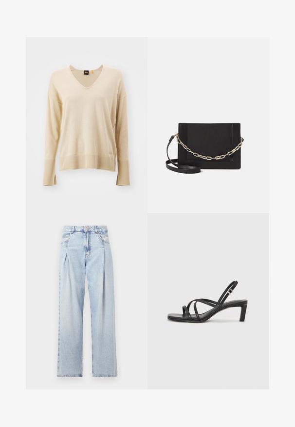 Bež pulover iz lahkega pletenega materiala z V-izrezom, dolgimi rokavi, rebrastim robom in stranskimi razporki. Ima subtilen logotip na spodnjem levem delu.; Svjetloplave traperice visoko struka, širokog kroja, s dva bočna djepa i naboranim dizajnom. Mekana tekstura s izblijedjelim završetkom.; Črne natikače s trakovi in kvadratnim prstom ter nizkim blokastim peto. Imajo več tankih trakov in nastavljiv trak okoli gležnja. Narejene so iz gladkega usnja.; Črna usnjena torba čez ramo z gladko teksturo, pravokotno obliko in kovinskim verižnim detajlom spredaj. Vključena je nastavljiva naramnica.