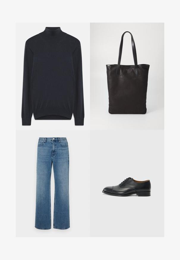 Temno modra pulover z visokim ovratnikom, izdelan iz mehkega pletenega materiala, z dolgimi rokavi ter rebrastim ovratnikom in robom. Preprost, klasičen dizajn.; Bela srajca z ovratnikom, ki ima subtilne navpične črte, dolge rokave, žep na prsih in klasičen zaobljen rob.; Modri široki jeans iz denima z izbledelim zaključkom. Imajo pet žepov, sprednje zapiranje na gumb in ravno krojenje.; Črne usnjene oblečne čevlje z gladko površino, okrogle konice, petimi luknjami za vezalke in nizkim blok peto. Minimalističen dizajn s subtilnim šivanjem.; Črna platnena torba s črnimi usnjenimi ročaji. Preprost dizajn, prostorna notranjost in gladka tekstura. Brez vidnih logotipov ali vzorcev.