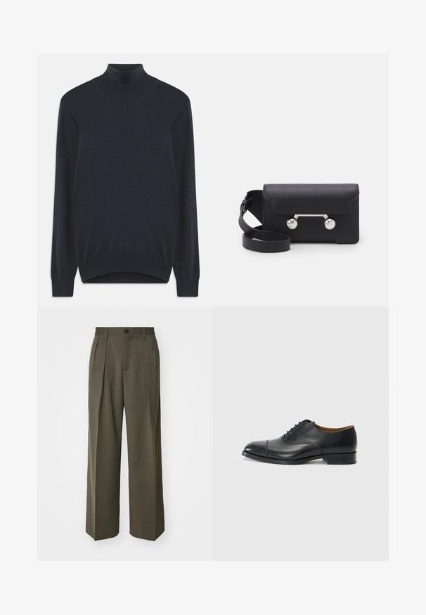 Dunkelblauer Rollkragenpullover aus weichem Strickstoff, mit langen Ärmeln und ribbeltem Kragen sowie Saum. Einfaches, klassisches Design.; Filippa K WIDE TROUSERS - Stoffhose - driftwood; Schwarze Lederoberlederschuhe mit glatter Oberfläche, abgerundetem Zeh, fünf Ösen für die Schnürsenkel und niedrigem Blockabsatz. Minimalistisches Design mit feinen Nähten.; Schwarze Leder-Umhängetasche mit Klappenverschluss, silberfarbener Hardware und zwei runden Akzenten. Verfügt über einen abnehmbaren Schulterriemen. Glatte Textur.