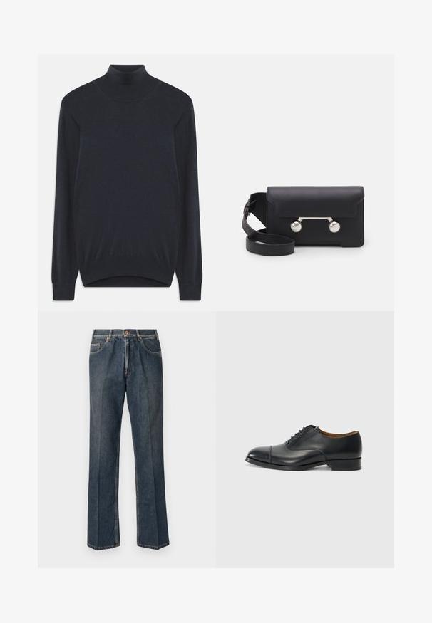Tamsiai mėlynas megztinis su aukštu kaklu, pagamintas iš minkštos mezgimo medžiagos, su ilgomis rankovėmis ir gumbiniu kaklu bei kraštu. Paprastas, klasikinis dizainas.; Tamsiai mėlynos tiesios kojos džinsai su priekiniais mygtukais, užtrauktuku, dviem priekinėmis kišenėmis ir matomomis vertikaliomis raukšlėmis nuo kelnių šonų.; Juodas odinis batelis su lygiu paviršiumi, apvaliu priekiniu galu, penkiomis skylutėmis raištams ir žemu blokiniu kulnu. Minimalistinis dizainas su subtiliomis siūlėmis.; Juodas odinis kryžminis krepšys su sklendės uždarymu, sidabro spalvos detalėmis ir dviem apvaliais akcentais. Yra nusiimamas diržas. Lygus paviršius.