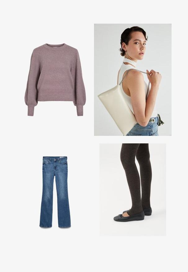 Pleteni pulover v mehki vijolični barvi, z okroglim izrezom, dolgimi balonskimi rokavi ter rebrastim robom in manšetami za teksturiran videz.; Modri traperasti flare kavbojke z zmerno visokim pasom, dvema sprednjima žepoma in šiviljskim pasom. Mehka tekstura in tradicionalna zasnova s petimi žepi.; Črne ravne čevlje z majhnim lokom na prstih, v kombinaciji s temno rjavimi rebrastimi nogavicami. Čevlji imajo gladko teksturo in nizko obliko.; Bela pravokotna torbica za ključe iz sijajnega materiala, opremljena s srebrno verižico. Model pozira in prikazuje torbico na enobarvni podlagi.