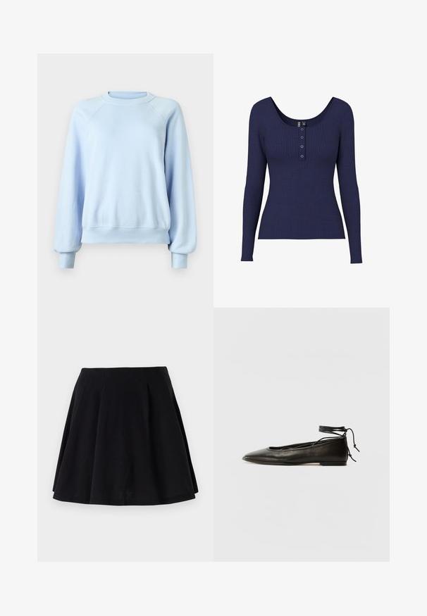 Felpa a maniche lunghe color blu chiaro con collo rotondo e polsini a coste, mostrata su uno sfondo bianco semplice.; Top a maniche lunghe a coste di colore blu navy con scollo a barco e una patta con tre bottoni metallici al centro.; Gonna di cotone nera con silhouette svasata, caratterizzata da pieghe nella zona della vita e una texture liscia. Adatta per un abbigliamento casual.; Ballerine in pelle nera con punta affusolata, laccio alla caviglia e suola piatta, caratterizzate da una texture liscia e un design minimalista.