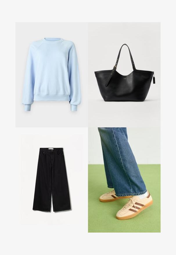 Sweatshirt cu mânecă lungă de culoare albastru deschis, cu guler rotund, cu manșete și tiv cu dantelă, prezentat pe un fundal alb simplu.; Bershka WIDE-LEG - Wide leg - black; Tenisi bej cu panouri texturate de culoare crem și dungi maro, asortați cu blugi din denim albastru. Blugii au un croi larg și o margine desfăcută.; Geantă de tote din piele neagră, cu o formă structurată, mânere duale și accente de hardare aurie. Prezintă o textură netedă și o etichetă decorativă.