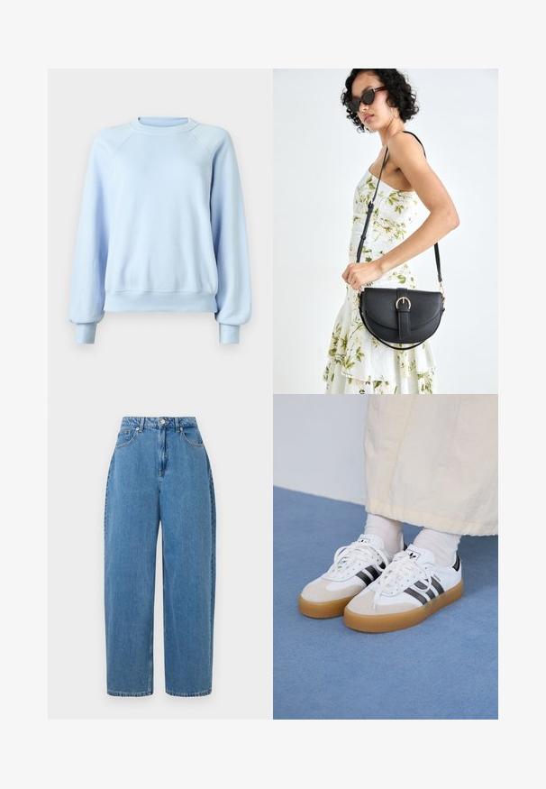 Világoskék, hosszú ujjú, kereknyakú pulóver, bordázott mandzsettákkal és szegéllyel, sima fehér háttéren bemutatva.; világoskék farmernadrág egyenes szabással, magas derékkal és elöl gombos záródással. Öt zsebbel rendelkezik és minimális varrási részletek találhatók rajta.; Fehér sportcipő fekete csíkokkal és bézs velúr részletekkel. Texturált gumi talppal és lapos fehér fűzőkkel rendelkezik, világos színű zoknival viselve.; Fekete bőrtáska ívelt formával, levehető pánttal és arany színű fémrészekkel. A táskán egy csattal díszített fedél található.