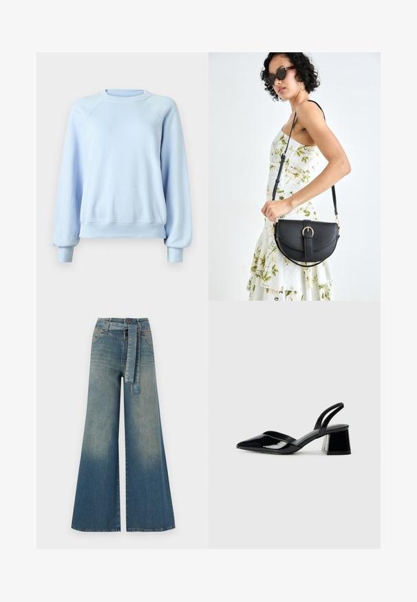 Svetlo modra dolga majica s crewneck izrezom in rebrastimi manšetami ter robom, predstavljena na enobarvni beli podlagi.; Široke jeans hlače z gradientom od svetlo do temno modre, visokim pasom, zankami za pas in pasom iz istega materiala. Tekstura denim končnica.; Črne lakirane slingback pete s koničastim nosom in geometrijsko blokasto peto. Imajo eleganten, minimalističen dizajn in gladko teksturo.; Črna usnjena torbica s ukrivljeno obliko, z odstranljivo naramnico in zlatimi dodatki. Torbica ima pokrov s podrobnostmi v obliki zaponke.