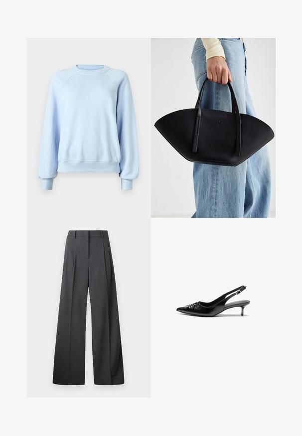 Lyseblå langermet crewneck hettegenser med ribbede mansjetter og hem, vist på en enkel hvit bakgrunn.; Vide bukser i mørkegrått stoff med høy livlinje, enkel press, og en glatt tekstur med en ren finish på ermekantene.; Sorte skinnert remsandaler med spiss tå, liten kittenhæl og en dekorativ knute detalj foran. Glatt tekstur gjennom hele.; Svart skinnveske med en unik vifteform, med flate håndtak. Overflaten har en pebblelignende tekstur og et minimalistisk design.