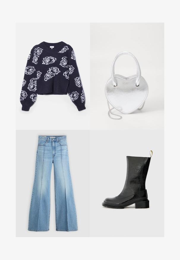 Mørkeblå cropped sweater lavet af strikket stof, med hvide blomster mønstre, rund halsudskæring, og puffede ærmer.; Lyseblå højtaljede jeans med brede ben, for- og baglommer, bæltestropper og lodrette sømdetaljer fortil.; Sort ankelstøvle lavet af skinnende, tekstureret materiale. Har en kraftig hæl og en trækflap bagpå for nem påtagning.; Sølvmetallic hjerteformet håndtaske med to håndtag, kædestrop og glat tekstur. Har metalhardware og syede kanter.