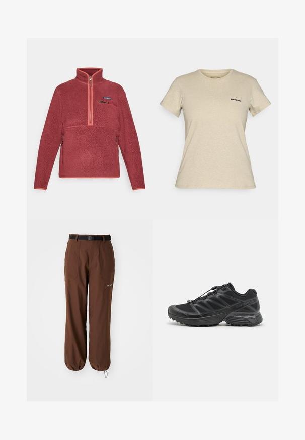 Red fleece pullover with quarter zip, zippered chest pocket, and Patagonia logo on the left chest.; Beige Patagonia short-sleeve crew neck T-shirt with small black logo on left chest, displayed on a plain background.; Columbia BREA FALLS™ PANT - Outdoor trousers - tobacco; Black running shoe with mesh and synthetic upper, flexible outsole, and elastic laces. Features a cushioned midsole for comfort.