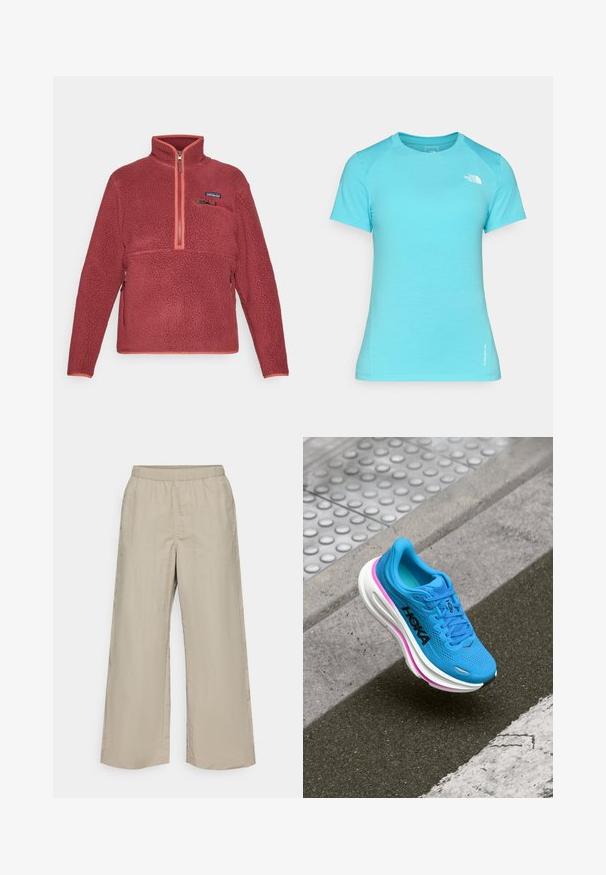 Piros fleece pulóver negyed cipzárral, cipzáras mellzsebbel és Patagonia logóval a bal mellen.; Világoskék, rövid ujjas póló, puha anyagból készült, kerek nyakkivágással és egy kis fehér logóval a bal felső részen.; Széles lábú nadrág világos bézs színű anyagból, elasztikus derékpánttal, sima textúrával és látható hardver vagy minták nélkül.; Kék futócipő hálós felsőrésszel, fehér középtalppal és rózsaszín kiegészítőkkel; texturált mintázattal, logóval az oldalon és kerek orrú dizájnnal rendelkezik.