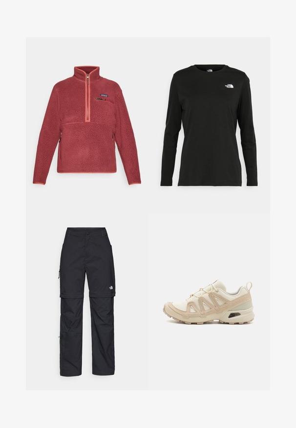 Rode fleece pullover met kwart rits, een ritszak op de borst en het Patagonia-logo op de linker borst.; Zwart langsluiting T-shirt van katoen met een ronde hals. Heeft een klein wit logo op de linkerkant van de borst. Eenvoudig ontwerp en pasvorm.; Zwarte nylon cargo broek met afneembare pijpen, verstelbare manchetten, meerdere zakken en een logo op het rechterbeen. Gladde, lichte textuur.; Beige en crème sportschoen met een textuur-mesh bovenwerk, ondersteunende overlays en een rubberen zool met een profielpatroon voor grip.