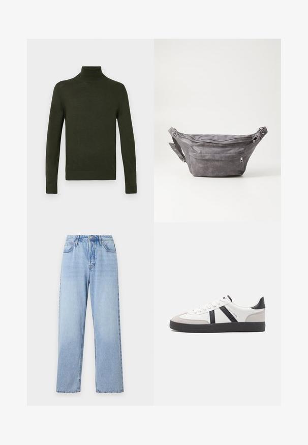 Zaļš turtlenecks džemperis, kas izgatavots no mīksta auduma ar garām piedurknēm, ribotu aproču un apakšējo malu, ar pieguļošu siluetu un gludu tekstūru.; Gai zilu džinsi ar taisnu piegriezumu, augstu vidukli, piecām kabatām un augšējo pogu aizdari. Iezīmēts ar izbalējušu mazgāšanu un kontrastējošu šuvju. ; Baltas sneakeris ar melniem un pelēkiem akcentiem, kuram ir teksturēts pelēks purngals, melna gumijas zole un plakanas baltas šņores. Tīrs dizains, minimālisma stils.; Pelēks zamšādas jostas somiņa ar noapaļotu formu, divām kabatām ar rāvējslēdzējiem un regulējamu siksnu. Iekļauj metāla aksesuārus.