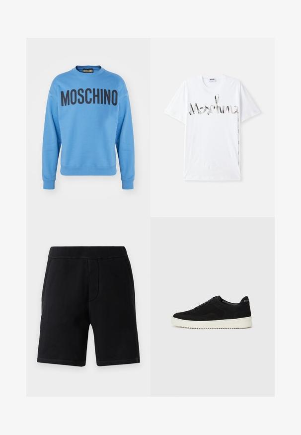 MOSCHINO FELPA - Camisola - fantasia azzurro; T-shirt de algodão branca com um logotipo gráfico em preto e prata que se assemelha a uma fita. Mangas curtas e design de decote redondo.; Calções atléticos pretos feitos de material macio; apresentam uma cintura elástica, dois bolsos laterais e costura em contraste.; Sapatilhas de camurça pretas com design de atacadores e sola de borracha branca em contraste. Apresenta painéis laterais texturizados e uma marcação discreta no calcanhar.