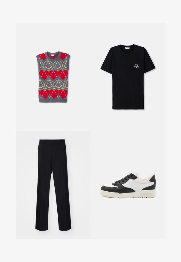 Sleeveless grey knit vest with red hearts, yellow chains, and white diagonal lines in a repeating pattern, labeled Moschino.; Black cotton t-shirt with a crew neckline. Features a small white graphic design on the chest. Short sleeves and straight hem.; Black tailored trousers with a wide-leg design, featuring a smooth texture and sharp creases, made from a woven fabric.; Black and white sneaker with a smooth leather upper, rounded toe, and flat rubber sole. Features black laces and soft inner lining.