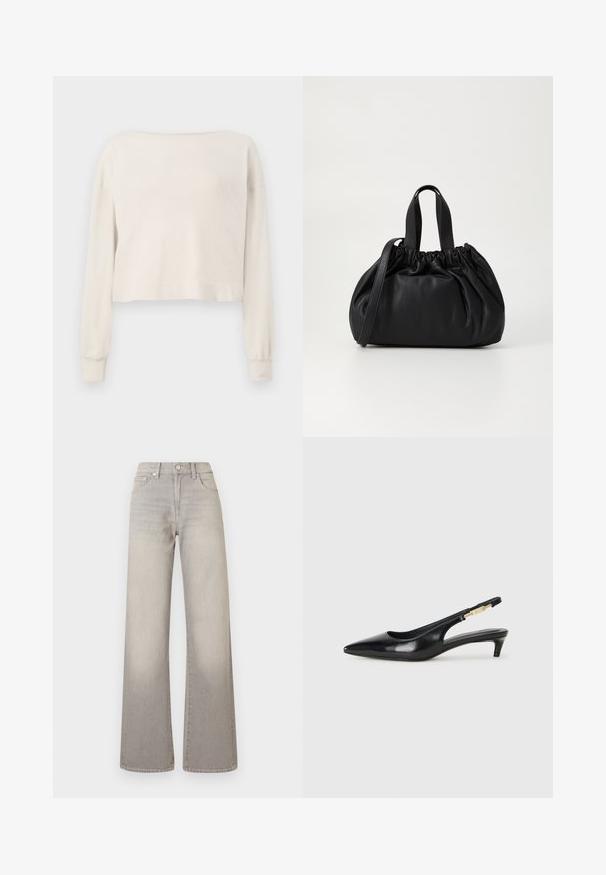 Long-sleeve, off-white cropped sweater with a wide neckline and ribbed cuffs on a white background.; Gray wide-leg jeans with a faded finish, button closure, five-pocket design, and stitched detailing along the seams.; Black leather slingback heels with a pointed toe, featuring a slim heel and a gold-tone accent on the adjustable strap. Smooth texture.; Black leather handbag with a gathered top design, featuring two short handles and a long adjustable strap. Smooth texture, rounded shape.