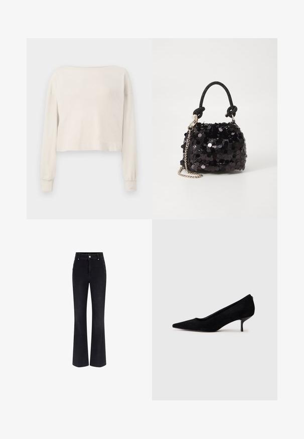 Long-sleeve, off-white cropped sweater with a wide neckline and ribbed cuffs on a white background.; Black denim flared jeans featuring a high waist, five-pocket design, and metallic button accents on the sides. Smooth texture and classic fit.; Black suede high heel shoe with a pointed toe and a slim, low heel. Smooth texture with a sleek design, featuring no visible hardware.; Black sequin mini handbag with a knotted textured strap and silver chain. Rounded shape with gathered top and reflective detailing.