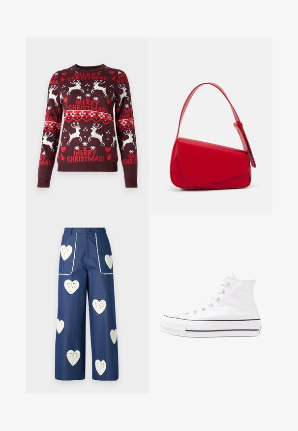VILA VIANNA REINDEER CHRISTMAS - Maglione - winetasting; Sister Jane HEART TO HEART - Jeans a sigaretta - blue denim; Sneaker alta in tela bianca con suola in gomma nera, punta in gomma frontale e sei asole per i lacci, caratterizzata da un design pulito e minimalista.; Borsa a tracolla in pelle rossa con un design angolare e geometrico. Presenta una singola tracolla regolabile e una chiusura a patta con dettagli cuciti.