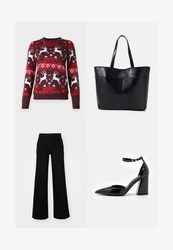 VILA VIANNA REINDEER CHRISTMAS  - Pullover - winetasting; Pantalons large en denim noir, dotés d'une taille structurée, de passants de ceinture et de poches avant. Texture lisse avec un design classique.; Chaussure à talon haut en cuir verni noir avec un bout pointu, une bride de cheville et un large talon bloc pour la stabilité, présentant une texture lisse et brillante.; Sac fourre-tout en cuir noir avec deux longues poignées, une texture lisse et une forme structurée. Dispose d'une poche avant pour un rangement supplémentaire.