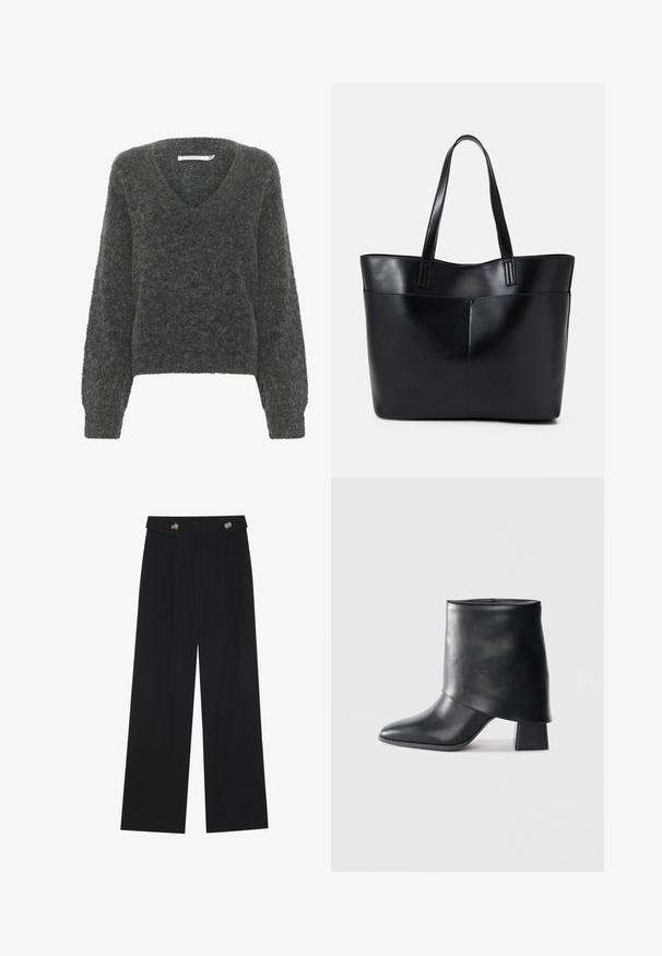 Pulover gri, pufos, cu decolteu în V, umeri lăsați și mâneci lungi. Materialul texturat adaugă profunzime, creând un aspect comod.; Pantaloni negri cu picioare largi, talie înaltă, detalii cu butoane pe talie și pliseuri în față.; Botine din piele neagră cu vârf ascuțit, textură netedă și toc bloc structurat. Prezintă un design cu manșetă înaltă și pliată.; Geantă oversized din piele neagră, cu două mânere lungi, de textură netedă și formă structurată. Are un buzunar frontal pentru stocare suplimentară.