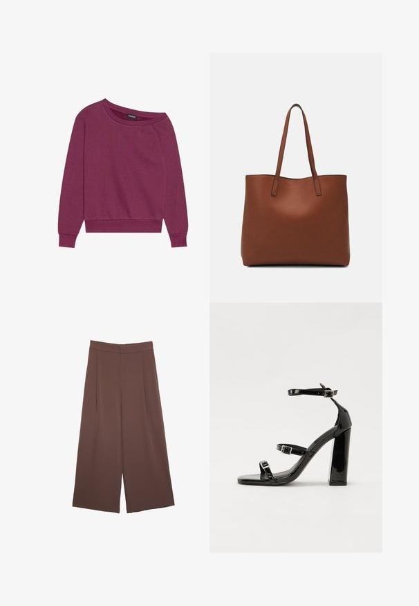 Magenta dolčevita s otvorenim ramenom, dugih rukava, s rebrastim manžetama i donjim dijelom. Izrađena je od mekog materijala, posjeduje ležeran kroj i glatku teksturu.; Smeđe hlače širokog kroja s glatkom teksturom, koje imaju visok struk i nabore sprijeda. Tkanina je lagana i slobodno se kreće.; Crne lakirane sandale na pete sa kvadratnim nosom, trakama oko gležnja i srebrnim kopčama. Imaju čvrst blok petu za stabilnost.; Smeđa kožna torba preko ramena s glatkom teksturom, otvorenim vrhom i dvjema naramenicama. Ima minimalne šavove i nema vidljivog hardvera.