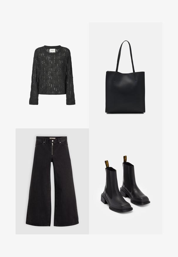 Tumma harmaa, neulottu neulepaita, jossa on rento istuvuus. Sisältää pitsikuvion, pitkät hihat ja pyöreän kaula-aukon. Merkkilappu mukana.; Mustat leveälahkeiset farkut, joissa on vetoketjufrunti, viisi-taskuinen muotoilu ja hienovaraiset ompelusyyt. Sileä pinta ja rento tyyli.; Mustat nilkkurit, jotka on valmistettu sileästä nahasta ja joissa on joustavat sivupaneelit, neliönmuotoinen kärki ja paksut korot. Varustettu keltaisilla merkkivedinsarvilla.; Mustapahkainen kangaskassi, jossa on sileä pinta, suorakaiteen muotoinen ja kaksi pitkää kahvaa. Ei näkyvää metalliosaa tai koristeita.