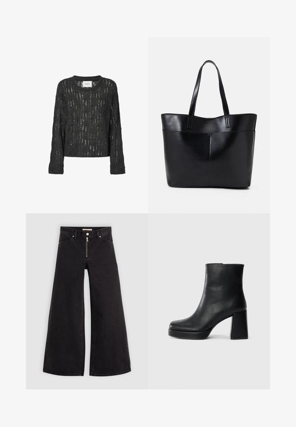 Temno siva pletena jopica z ohlapnim krojem. Ima čipkast vzorec, dolge rokave in okroglo izrez. Vključena oznaka blagovne znamke.; Široke traperice iz črnega denima z zadrgo spredaj, petimi žepi in diskretnimi šivi. Gladka tekstura in ležeren slog.; Črne usnjene gležnjarje z blok peto in platformo, prikazane s strani na enobarvni beli podlagi.; Črna usnjena torba z dvema dolgima ročajema, gladko teksturo in strukturirano obliko. Ima sprednji žep za dodatno shranjevanje.