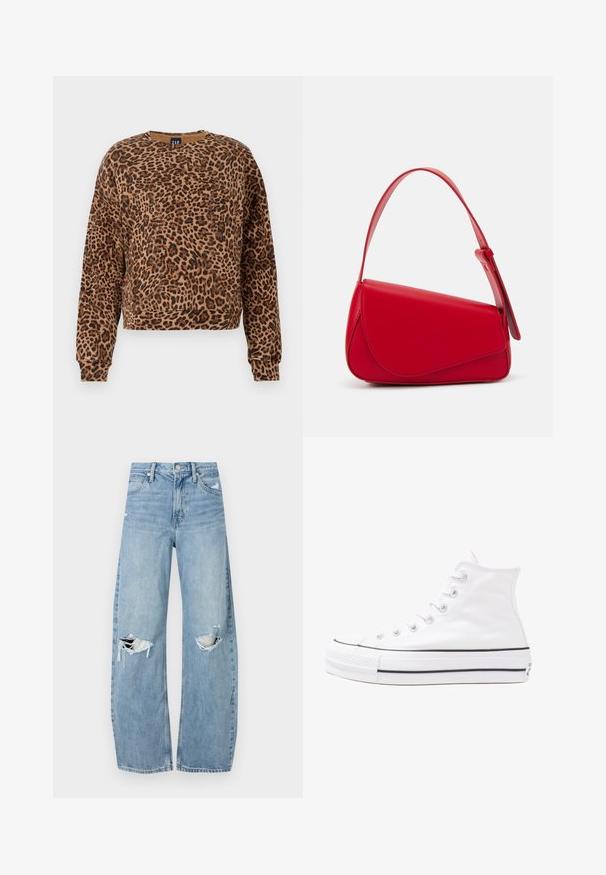 Leopárdmintás pulóver barna és fekete árnyalatokban. Puha anyagból készült, környakú és hosszú ujjú, bordás mandzsettákkal.; Világoskék, magas derekú farmernadrág. Széles lábakkal, két szakadt térddel és klasszikus öt zsebes dizájnnal rendelkezik.; Fehér magaskorsó vászon sportcipő fekete gumi talppal, elülső gumi orrnyereggel és hat fűzőlyukkal, letisztult, minimalista dizájnnal.; Piros bőr kézitáska szögletes, geometrikus kialakítással. Egy állítható pánttal és varrott részletekkel ellátott fedélzárral rendelkezik.