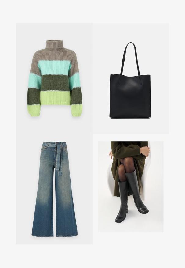 Strickrollkragenpullover mit horizontalen Streifen in Braun, Minzgrün, Dunkelgrün und Hellgrün sowie gerippten Bündchen und Saum.; Weit geschnittene Denim-Hosen mit einem Farbverlauf von hellblau zu dunkelblau, hoher Taille, Gürtelschlaufen und einem passenden Stoffgürtel. Strukturierte Denim-Oberfläche.; Knöchelhöhe schwarze Lederstiefel mit quadrater Spitze und Blockabsatz, gezeigt mit einem Modell, das einen olivgrünen Mantel trägt. Glatte Textur, minimale Details.; Schwarze Laptoptasche aus Leder mit glatter Textur, rechteckiger Form und zwei langen Griffen. Keine sichtbaren Beschläge oder Verzierungen.