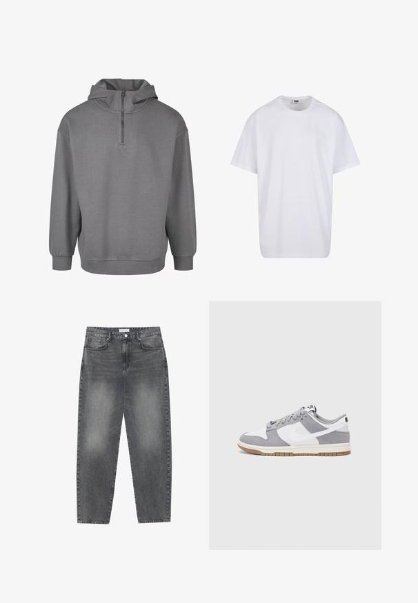 Szürke kapucnis pulóver félzipzárral az elején, hosszú ujjak, bordázott mandzsetták és puha, texturált anyag. Egyszerű dizájn, minta nélkül.; Fehér pamut póló rövid ujjal, kerek nyakú, laza szabású, és nincsenek látható logók vagy minták. Simább textúra és minimalista dizájn.; Magasan szabott, bővebb szabású farmernadrág fakó fekete denim anyagban. Öt zsebbel, övhurkokkal és tiszta, egyenes lábszár dizájnnal rendelkezik.; Szürke és fehér sportcipő, velúr és bőr felsőrésszel, kerek orral, lapos fűzőkkel és gumitalppal, amelyen rágógumi színű díszítés található.