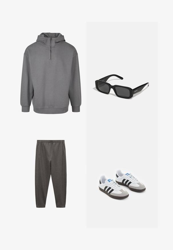 Felpa grigia con cappuccio e zip frontale a metà, maniche lunghe, polsini a costine e un morbido tessuto testurizzato. Design semplice senza motivi.; Pantaloni da jogging grigi realizzati in tessuto morbido, dotati di elastico in vita, tasche laterali e un design a gamba affusolata.; Scarpe sportive con tomaia in pelle bianca, punta in suede grigia e tre strisce nere. Presentano un logo blu sulla linguetta e una suola in gomma testurizzata.; Arnette THEKIDD UNISEX - Occhiali da sole - black