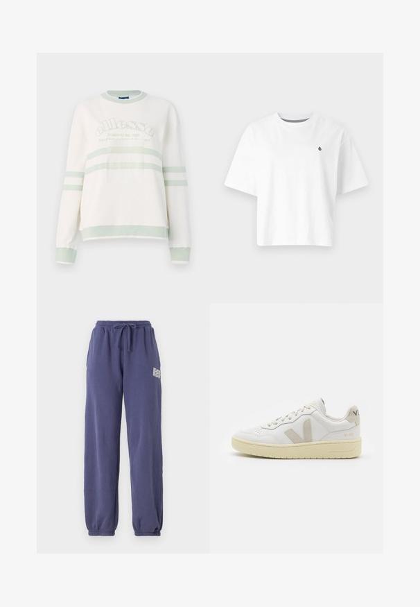 Felpa bianca a coste con accenti verde chiaro. Presenta un collo rotondo, maniche lunghe e un logo centrato con strisce orizzontali.; T-shirt bianca in cotone, design corto, maniche corte, scollatura rotonda, con un piccolo logo nero sul lato sinistro del petto.; Pantaloni della tuta viola con vita elastica, cordoncino e polsini a gamba stretta. Presentano un piccolo logo bianco sulla parte superiore della gamba sinistra.; Sneaker in pelle bianca con dettagli in suede beige, punta perforata, lacci piatti e suola testurizzata color crema. Presenta un logo discreto sul tallone.