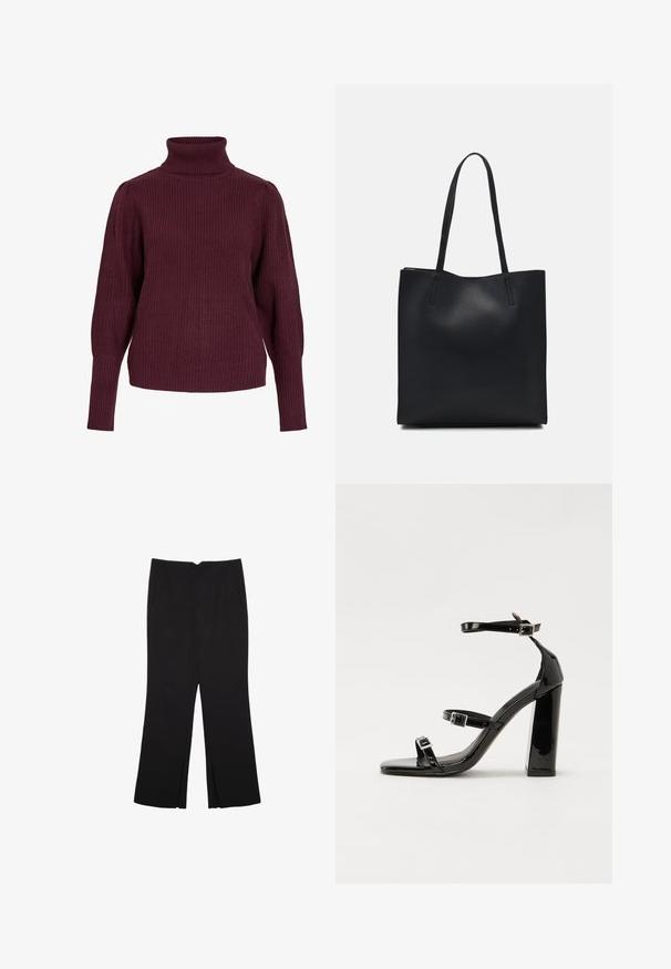 Burgundska turtleneck pulover iz ribane pletene tkanine, z dolgimi rokavi in udobnim krojem, ki ima tesne manšete in visok ovratnik.; Črne hlače ravnega kroja z naglavnimi žepi in stranskimi razporki na robu. Narejene iz mehke, gladke tkanine. Primerne za različne priložnosti.; Črne lakirane sandale s peto, kvadratnim prstom, trakovi okrog gležnja in srebrnimi zaponkami. Opremljene so s stabilno Debelo peto.; Črna usnjena torba s svilnato teksturo, pravokotne oblike in dvema dolgima ročajema. Brez vidnih metalnih delov ali okrasnih elementov.