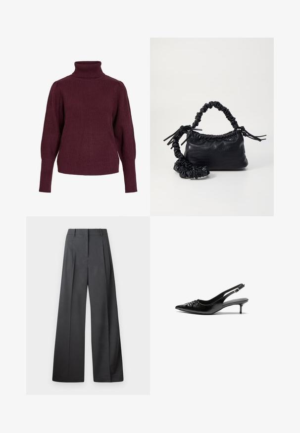 Pulover burgund cu guler înalt, realizat dintr-un material tricotat cu nervuri, cu mâneci lungi și o croială lejeră, având manșete strânse.; Pantaloni culți din țesătură gri închis, cu talie înaltă, pliuri simple și o textură netedă, cu o finisare curată la tivuri.; Pantofi cu toc slingback din piele neagră, cu vârf ascuțit, toc mic tip kitten și detaliu adunat pe partea superioară. Textură netedă și design minimalist.; Geantă din faux leather neagră cu textură de crocodil, cu partea superioară strânsă și o curea mototolită. Pare moale și compactă ca design.