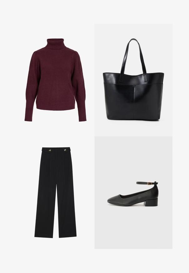 Bordeaux coltrui gemaakt van ribgebreide stof, met lange mouwen en een relaxte pasvorm met strakke manchetten en een hoge kraag.; Zwarte wijde broek met hoge taille, knoopdetails op de tailleband en plooien aan de voorkant.; Zwarte leren pump met een spitse neus en een lage blokhak. Beschikt over een enkelband met een goudkleurige gespsluiting. Gladde textuur.; Zwarte leren tote bag met twee lange handvatten, een zachte textuur en een gestructureerde vorm. Voorzien van een voorvak voor extra opslagruimte.
