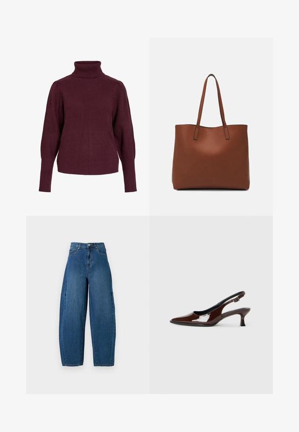 Bordo turtleneck pulover od rebrastog pletenog materijala, s dugim rukavima i opuštenim krojem, sa prisnim manžetama i visokim ovratnikom.; Traperice u srednjem plavom pranju, s visokim strukom, širokim nogavicama i standardnim dizajnom s pet džepova, s vidljivim detaljima šivanja.; Smeđe patentne kožne cipele s otvorenom petom, špicastim vrhom i umjerenom petom. Imaju remen s kopčom za sigurno pristajanje. Glatka tekstura.; Smeđa kožna torba preko ramena s glatkom teksturom, otvorenim vrhom i dvjema naramenicama. Ima minimalne šavove i nema vidljivog hardvera.