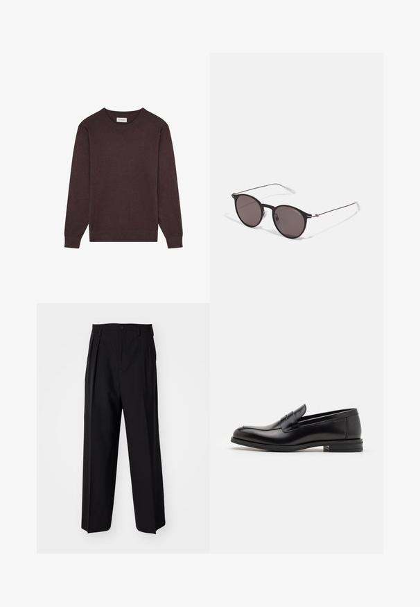 Scalpers ROUND NECK - Svetr - burgundy; Černé skládací kalhoty s rovnými, širokými nohavicemi. Vyrobené z hladké tkaniny, se zapínáním na knoflík a poutky na opasek.; Černé kožené polobotky s hladkou texturou, zaoblenou špičkou a zdobným páskem přes nárt. Nízký stohovaný podpatek, minimalistický design.; Černé kulaté sluneční brýle s tmavými skly a tenkými kovovými nohami. Obsahují průhledné koncovky nožiček a stříbrné akcenty na pantu. Minimalistický design.