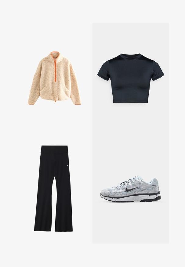 Fuzzy beige pullover sweatshirt met oranje rits, opstaande kraag, twee voorzakken en trekkoord aan de onderkant. Zachte textuur met gestructureerde details.; Kort mouw cropped top in donker marineblauw, gemaakt van glad, rekbaar stof. Voorzien van een ronde halslijn en minimale stikdetails. Geen zichtbare logo's.; Zwarte wijde broek gemaakt van rekbare stof, met een brede tailleband en een klein logo op de heup. Gladde textuur en een broek van volledige lengte.; Nike P-6000 sneakers met een lichtgrijze mesh bovenkant, zwarte accenten en een duurzame zwarte rubberen zool. Kenmerkt zich door een ingewikkeld ontwerp en vetersysteem.
