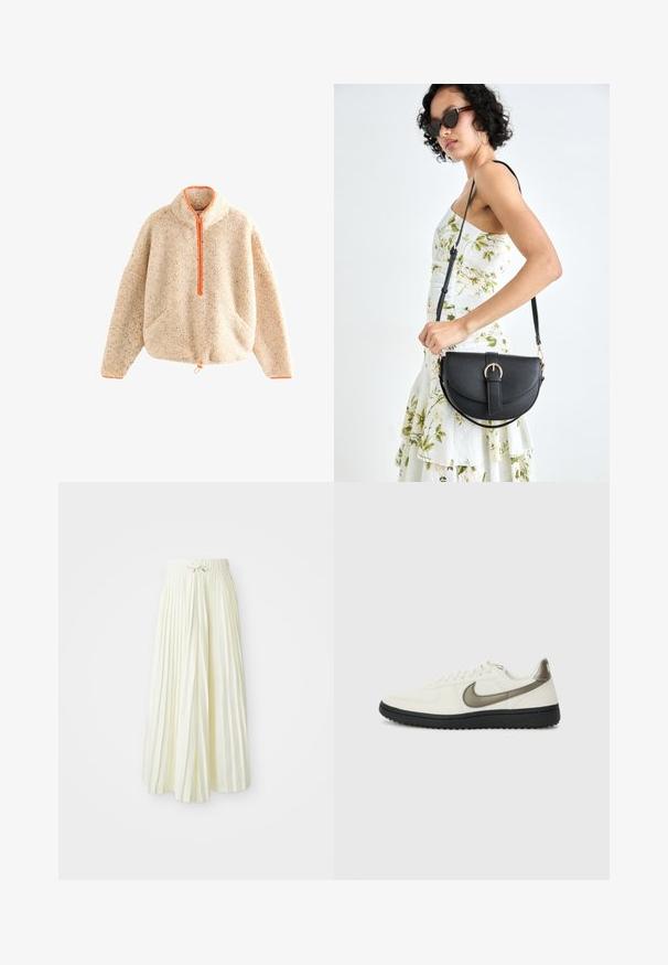Pullover beige fuzzy con zip arancione, colletto alto, due tasche frontali e orlo con cordino. Texture morbida con dettagli a macchie.; Gonna midi plissettata in tessuto giallo chiaro, con una vita elasticizzata e un legaccio, texture liscia e righe verticali per un tocco di dettaglio.; Nike Sportswear FIELD GENERAL - Sneakers basse - off-white/black; Borsa a tracolla nera in pelle con una forma curva, manico rimovibile e accessori dorati. La borsa presenta una patta con un dettaglio a fibbia.
