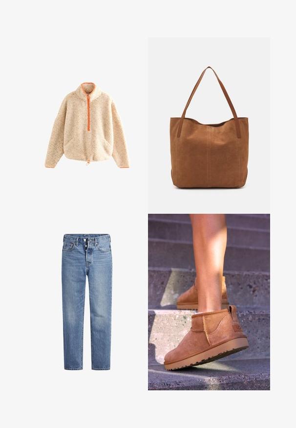 Fuzzy beige trøje med orange lynlås, høj hals, to forlommer og snøre forneden. Blød tekstur med spraglet detalje.; Lyseblå denimjeans med lige pasform, fem-lomme-design og knaplukning. Har subtile falmede detaljer og orange søm.; Tan ruskind ankelstøvler med en blød tekstur, stikninger og en gummisål, der har en løkkehælkappe for nem på- og aftagning.; Brun ruskinds tote bag med to lange håndtag, der har en glat tekstur, enkelt design og ingen synlige metaldele eller accenter.