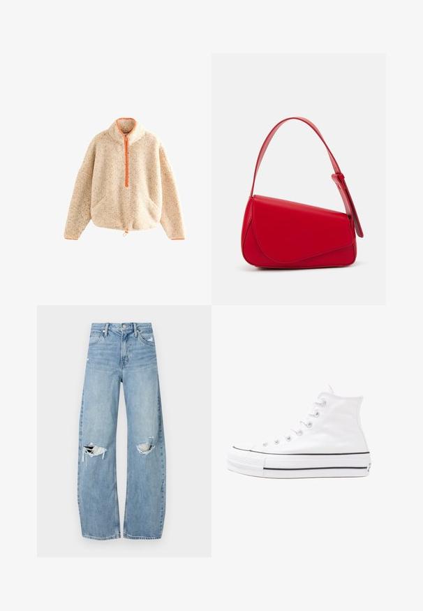 Pullover beige fuzzy con zip arancione, colletto alto, due tasche frontali e orlo con cordino. Texture morbida con dettagli a macchie.; Jeans azzurri chiari a vita alta realizzati in denim. Presentano gambe larghe, due aree strappate sulle ginocchia e il classico styling a cinque tasche.; Sneaker alta in tela bianca con suola in gomma nera, punta in gomma frontale e sei asole per i lacci, caratterizzata da un design pulito e minimalista.; Borsa a tracolla in pelle rossa con un design angolare e geometrico. Presenta una singola tracolla regolabile e una chiusura a patta con dettagli cuciti.