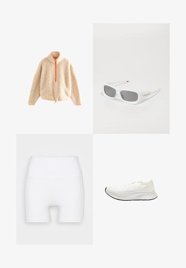 Szöszös bézs pulóver, narancssárga cipzárral, állógallérral, két elülső zsebbel és húzózsinóros alsó résszel. Puha tapintású, foltos részletekkel.; Fehér, magas derekú, rugalmas anyagból készült sort. Simább textúrával és testhezálló dizájnnal rendelkezik, további minták vagy fémalkatrészek nélkül.; Fehér futócipő hálós felsőrésszel, könnyű kialakítással, sima, lekerekített talppal és fekete gumitalppal. Lapított fűzőkkel és minimális díszítésekkel rendelkezik.; Fehér, téglalap alakú Oakley napszemüveg sötét lencsékkel, fehér felületen pihen, a logo az oldalon látható.