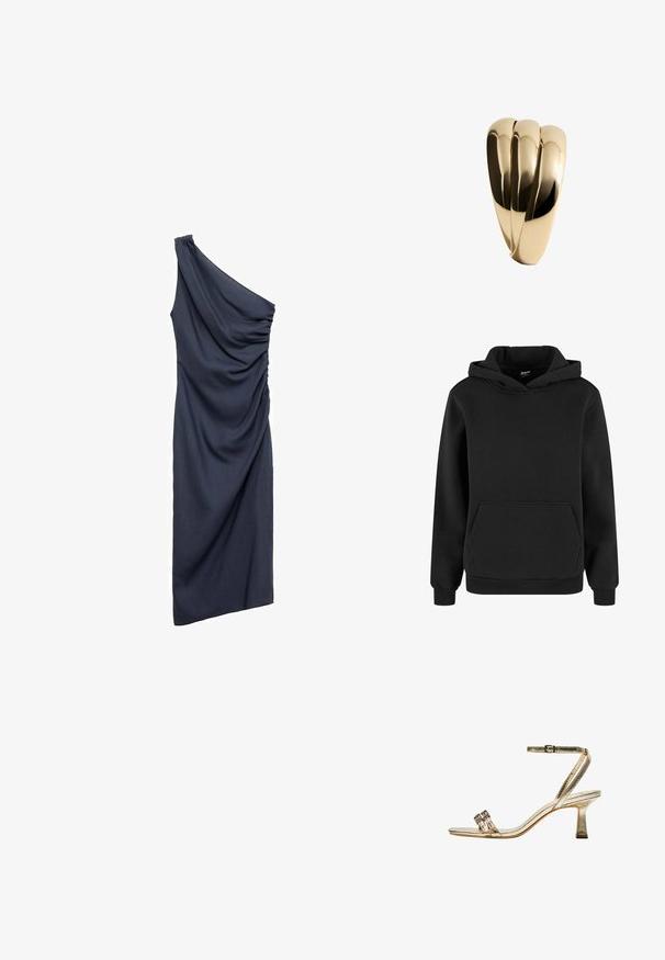 Felpa nera realizzata in morbido tessuto, con tasca a marsupio, polsi a costine e cappuccio con coulisse. Design semplice e minimalista.; Abito navy con spalla scoperta e tessuto drappeggiato. Presenta un dettaglio arricciato sulla spalla, una texture morbida e una silhouette aderente.; Sandalo alto in metallo dorato con cinturino alla caviglia, due bande frontali strette e tacco a blocco. Presenta decorazioni ornamentali.; Borsa a mano dorata con una finitura metallica liscia, forma rettangolare e chiusura a scatto semplice. Nessun motivo o decorazione visibile.; Mango Bracciale - gold-coloured