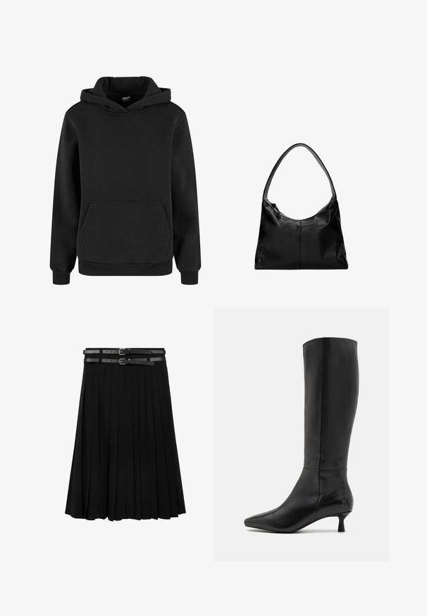 Černá mikina vyrobená z měkkého materiálu, s klokankovou kapsou, žebrovanými manžetami a kapucí na stažení. Jednoduchý, minimalistický design.; Černá plisovaná sukně s dvěma koženými pásky se stříbrnými sponami v pase. Vyrobena z hladké, tekoucí látky.; Zign Vysoká obuv - black; Černá kožená kabelka na rameno s hladkým povrchem, zakřiveným vrškem a jedním popruhem. Disponuje zipovým zavíráním a minimalistickým designem.